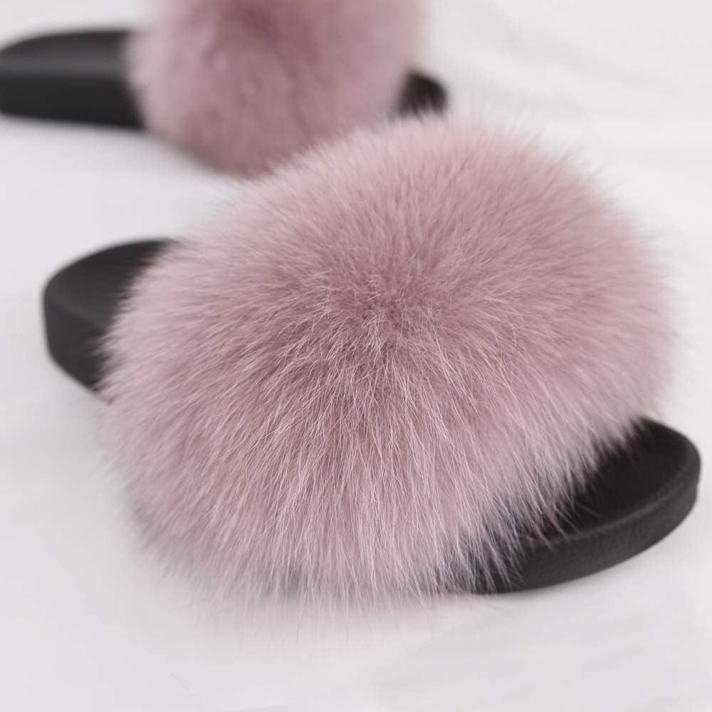 Real Fox Fur Slides for Women - Fluffy Fur Slippers Open Toe Flat Sandals for Outdoor