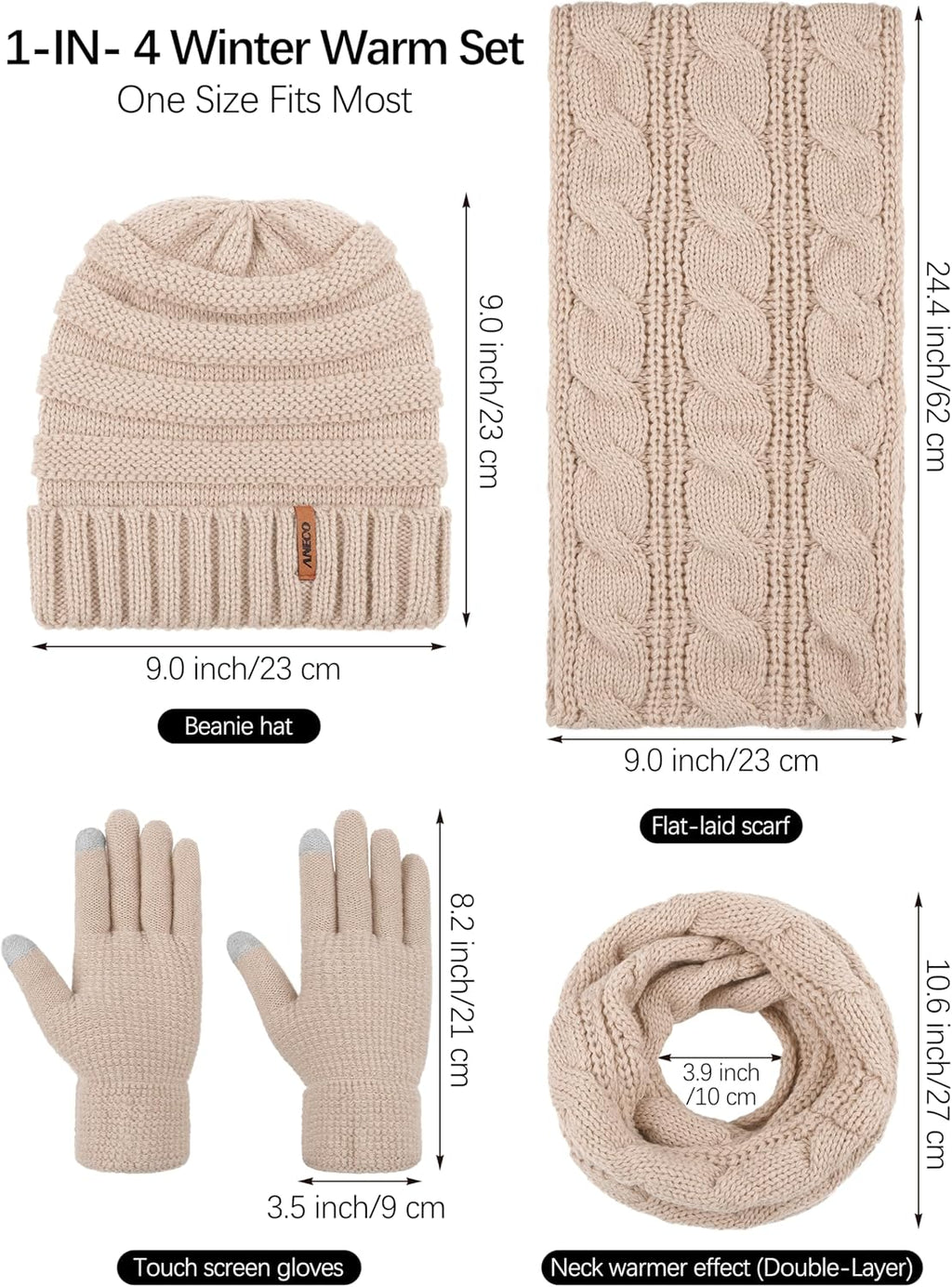 Winter Warm Knitted Scarf Beanie Hat and Gloves Set Men & Women'S Soft Stretch Hat Scarf and Mitten Set