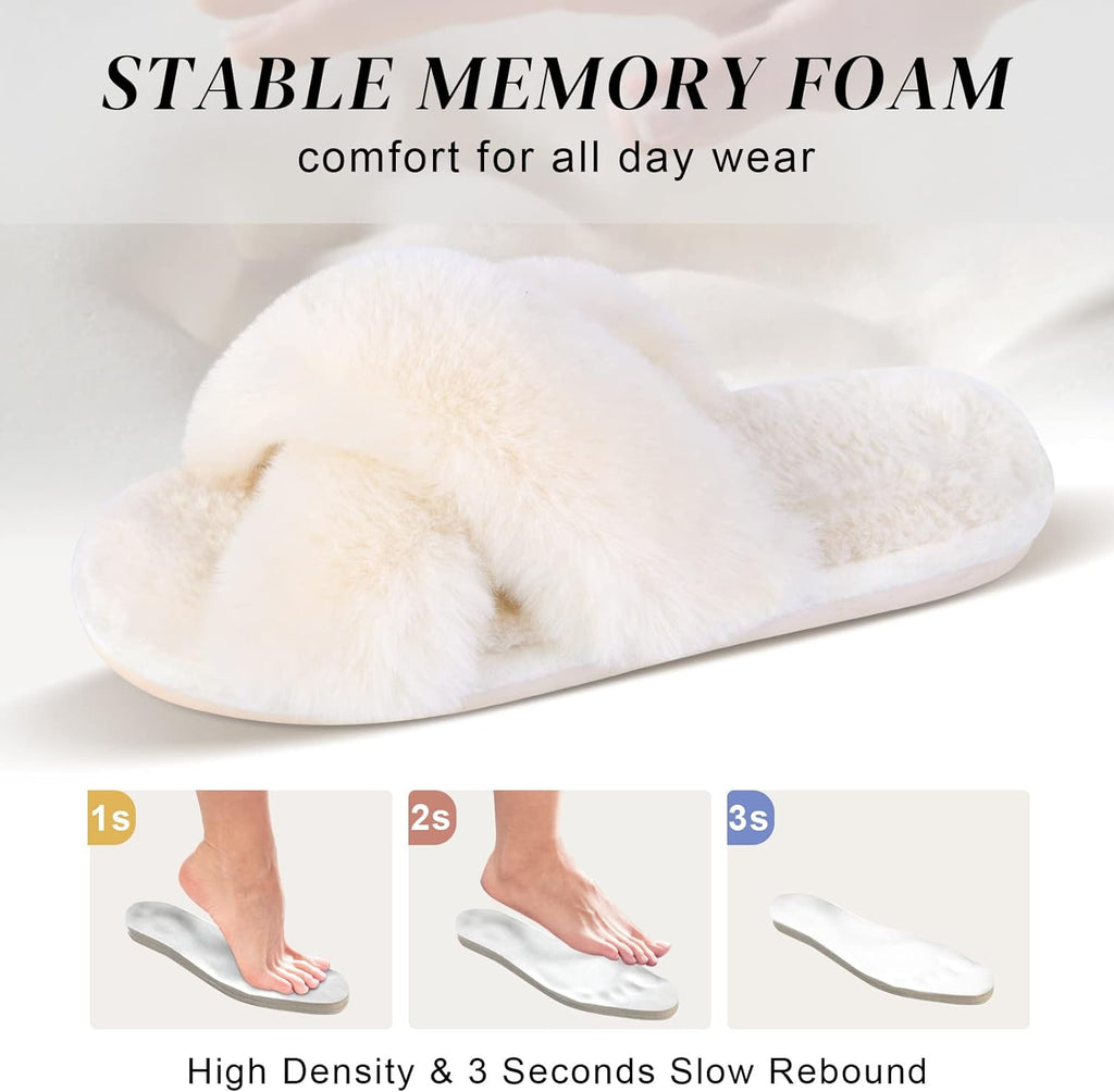 Women'S Fuzzy Slippers Comfy Cross Band House Shoes Memory Foam Open Toe Indoor Gifts for Ladies