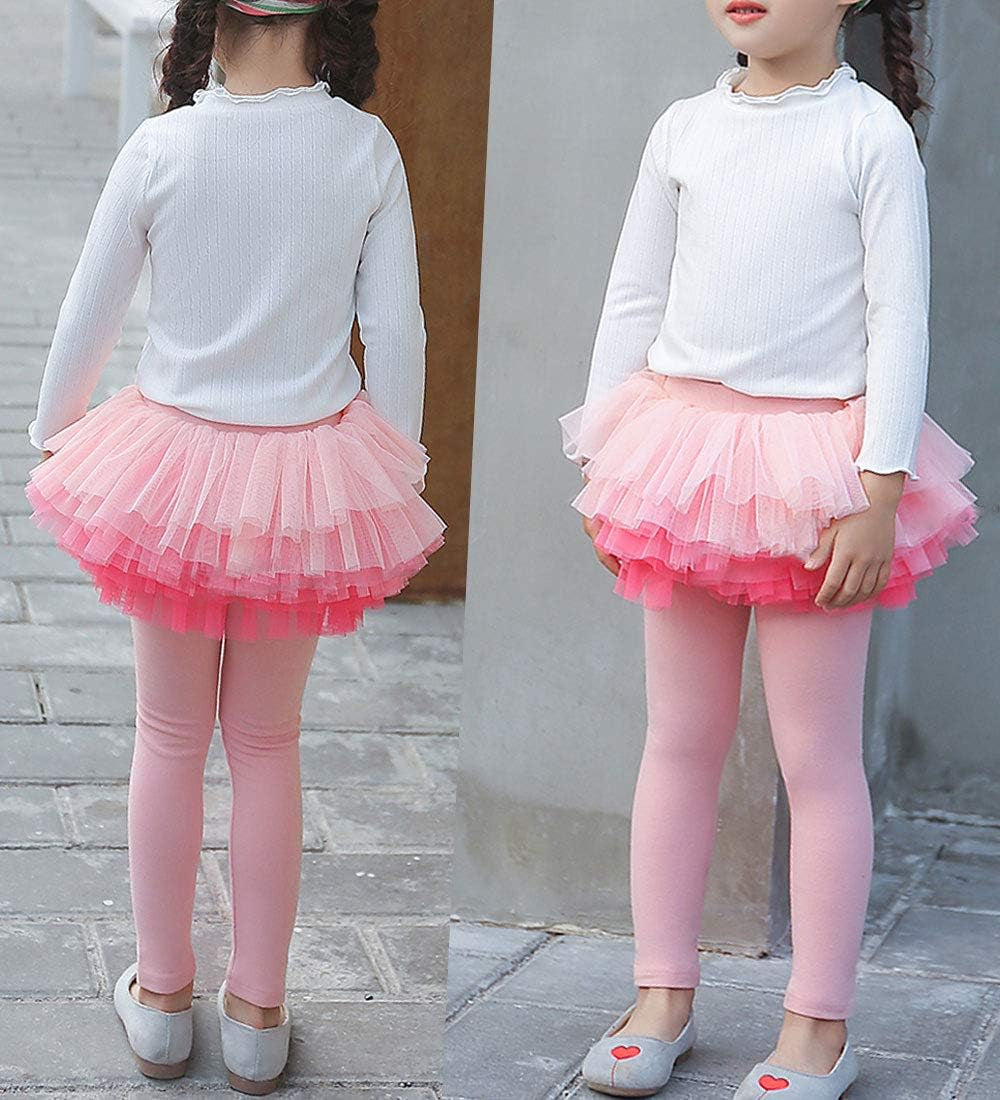 Little Girls Footless Leggings Pants with Lace Ruffle Tutu Skirt 2-12T