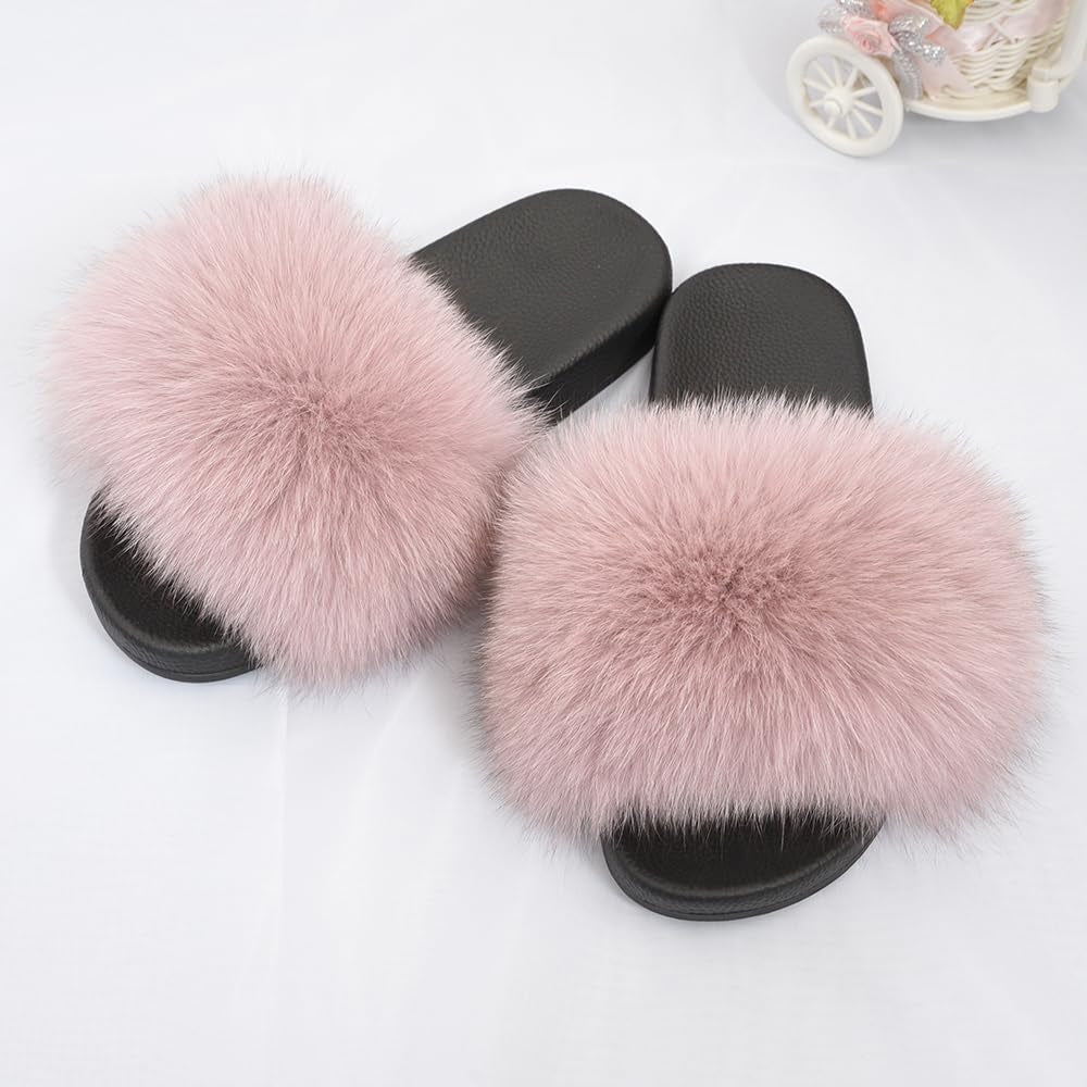 Real Fox Fur Slides for Women - Fluffy Fur Slippers Open Toe Flat Sandals for Outdoor